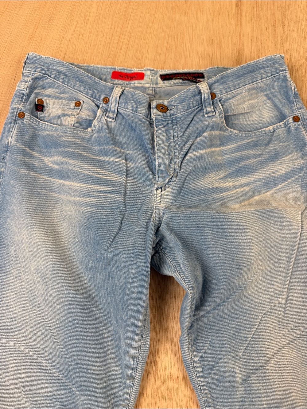 AG Adriano Goldschmied The Angel Distressed Corduroy Pants Light Blue Bootcut 31 - Picture 3 of 12